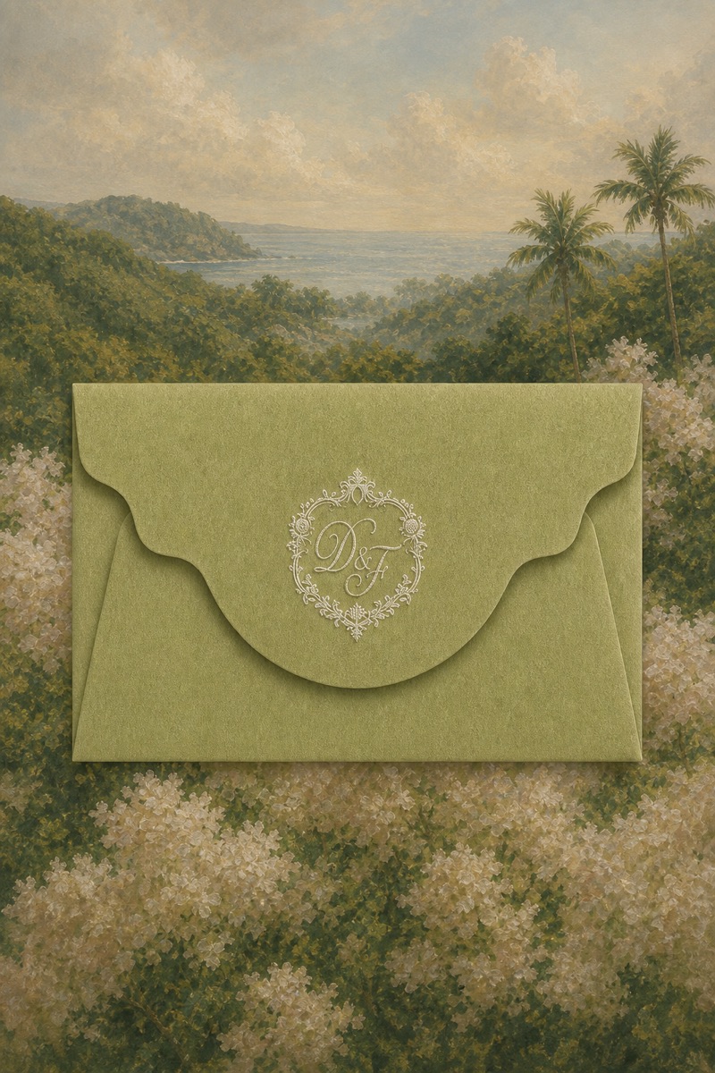 Sobre verde oliva con el monograma D y F sobre un paisaje costero pintado