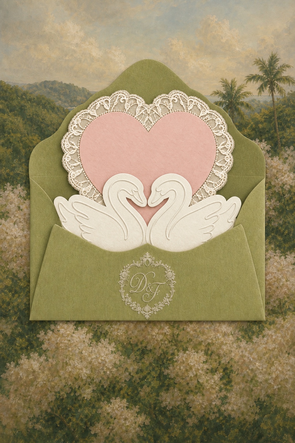 Sobre verde oliva abierto con una tarjeta de corazón y dos cisnes de papel